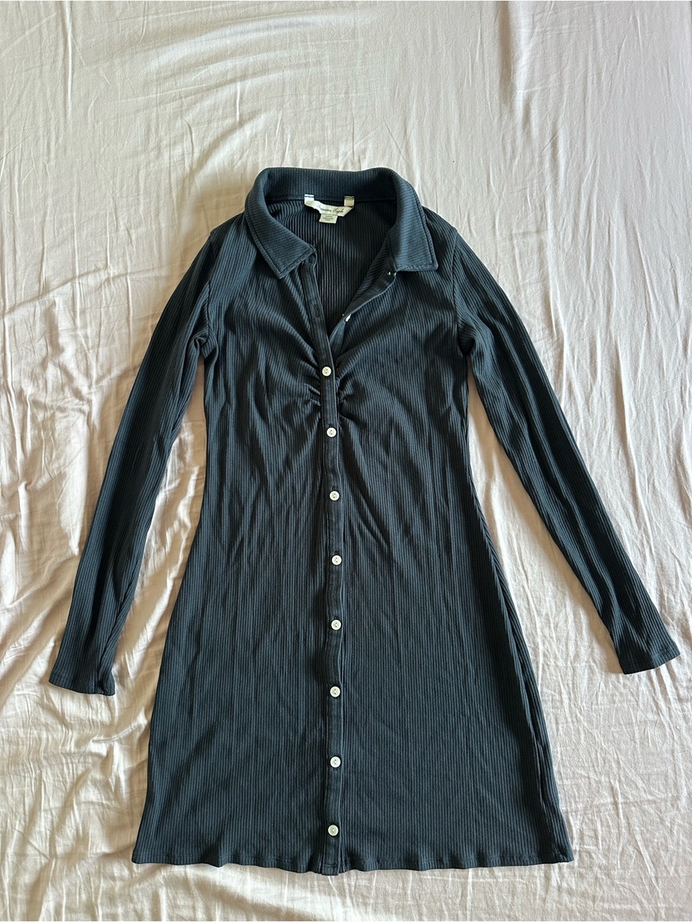 American Eagle Outfitters Black Ribbed Button-Front Mini Dress